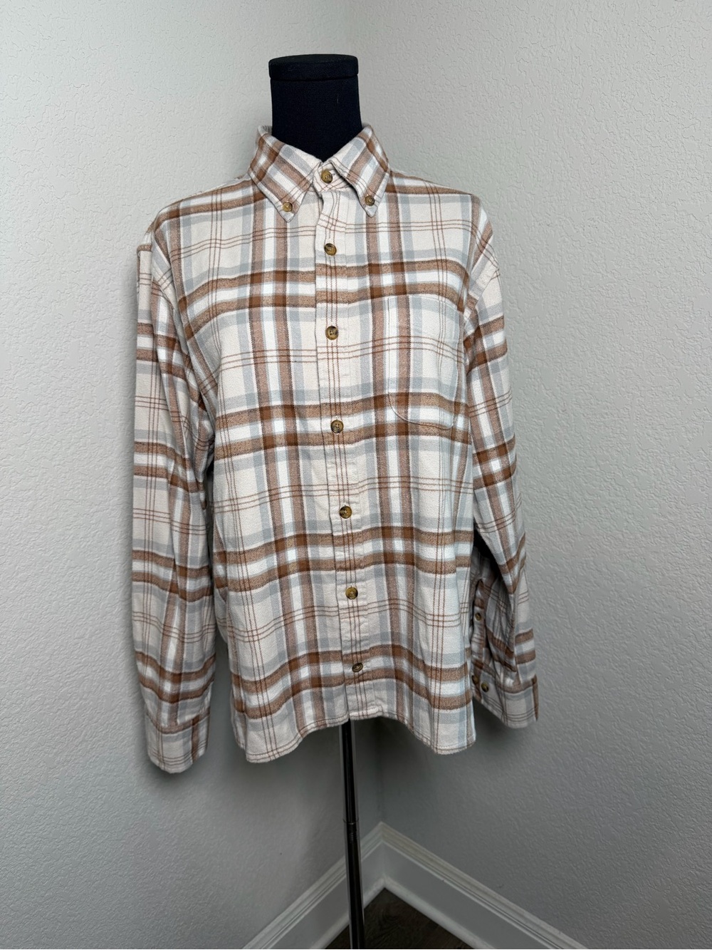 Lands' End Men's White & Brown Plaid Button-Down Shirt